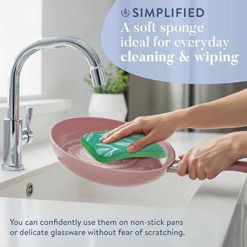 Image of Simplified 5-Pack Scrub & Wipe 2-in-1 Dishwashing Sponges - Non-Abrasive Cleaning Sponges, Double-Sided - Safe for Dishes, Non-Stick Pans or Glassware, Absorbent Dish Sponges, Green Leaves
