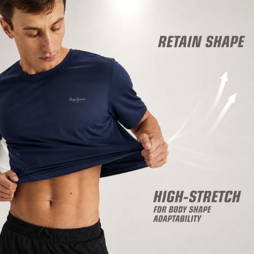 Image of Pepe Jeans Men's Solid Polyester Regular Fit T-Shirt | Lightweight Quick-Dry Athleisure Tee for Sports, Gym & Casual Wear | Moisture-Wicking Fabric | Round Neck | Short Sleeves | Active Comfort