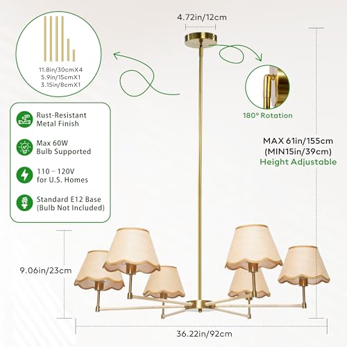 Image of Large Rattan Chandelier Boho Style, 6-Light Rattan Pendant Light Fixture for Living Room, 39 inchAdjustable Cottage Rattan Hanging Lamp Ceiling Light for Dining Kitchen Island, E12 Socket