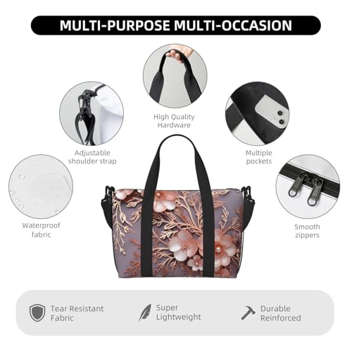 Sports Gym Bag for Women Men Travel Duffel Bag Tote Weekender Bag Carry on Overnight Bag for Travel Swimming Fitness Workout Sports Rose gold elegant decorative floral Duffle Bag3