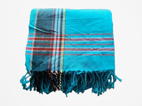 Unisex African Kikoy Scarf, Sarong, Wrap, Throw - 100% Cotton, Handmade Tassels, Multi-Use Beach Cover-Up, Towel, Picnic Blanket, & More - Turquoise Blue.2