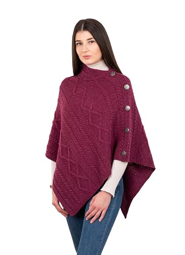 SAOL Wool Women's Poncho with Celtic Buttons Cable Knit Cardigan Cowl Neck Cape3