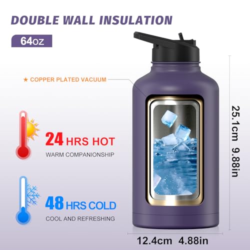Image of 64oz Insulated Water Bottle (Cold for 48 Hrs),BPA Free&Leak Proof,Half Gallon Stainless Steel Water Flask,Water Jug with Straw Spout Lids for Gym,Hiking,Camping,Purple