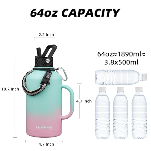 Image of BJPKPK Half Gallon Insulated Water Bottles with Straw Lid & Side Handle, 64oz Large, Stainless Steel Water Bottles with 3 Lids and Paracord Strap, Metal Water Jug,Marshmallow