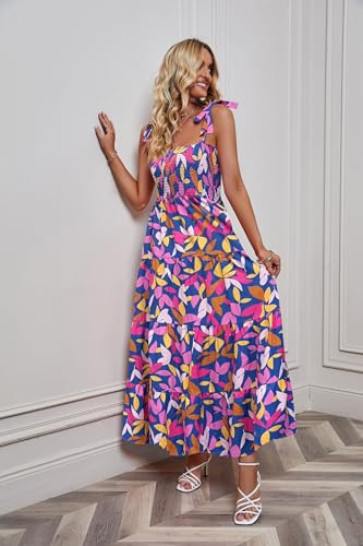 Image of kinstell Women's Summer Boho Spaghetti Strap Square Neck Ruffle Casual Flowy Long Dress Beach Swing Party Maxi Dress