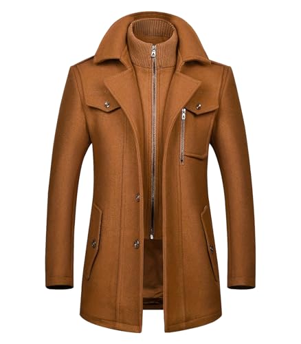 Image of FTIMILD Mens Wool Blend Coat with Detachable Collar Two Collar Single Breasted Pea Coat Business Trench Coat