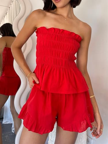 Image of Yuemengxuan Women Shirred Top Shorts Summer Outfits Set 2 Piece Striped Pajamas Set Sleeveless Ruched Bandeau Tube Top Shorts (Red #D, S)