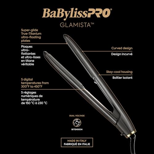 BaBylissPRO Glamista 1" Titanium avancé professionnel Ionic Flat Fer, design italien de lisser les cheveux, plaques ultra-floating, chauffages à 450°F, en fer plat courbé avec 5 Températures numériques & Technologie ionique anti-Frizz