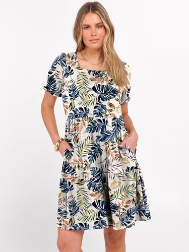 Image of ANRABESS Women Summer Square Neck Puff Short Sleeve Mini Dress 2026 Casual Flowy Sundress Beach Vacation Clothes with Pockets