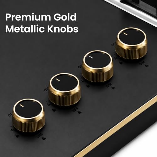 Image of Sunshine Shine Gold 4 Burner Gas Stove | Premium Glass Hob Top Cooktop | Auto Ignition | 10D Brass Burners | LPG & PNG Compatible | Golden Finish | 10 Year Glass & Burner Warranty | Black