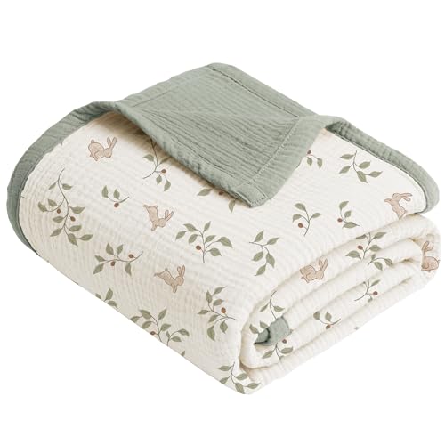Image of Konssy Muslin Baby Blankets, 100% Cotton Quilt Blankets for Baby Infant Toddler, Soft and Lightweight Nursery Crib Blanket for Baby Boys and Girls 43"x40" (Rabbit)