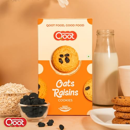 Image of Qoot Oats & Raisins Cookies (Pack of 3 x 200g) | Healthy, Crunchy Nutty Cookies & Biscuits | No Palm Oil, No Preservatives, No White Sugar | Natural, Protein-Rich Snack | Freshly Baked Snacks for Tea, Breakfast & Gifting