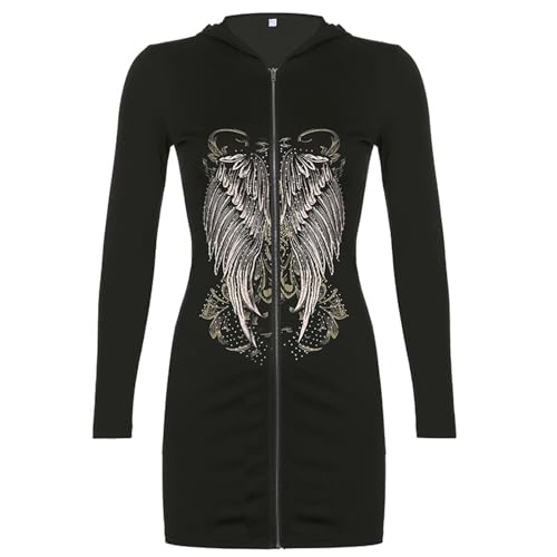 Ralondbey Hoodies Herbst Winter Langarm Sweatshirt Frauen Gothic Punk Reißverschluss Hoodies für Jacke Mini Bodycon Kleid Harajuku Vintage Engelsflügel Druck Paket Hüfte Sweatshirt Slim Cardigan