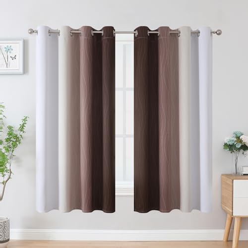 Estelar Textiler Brown and Greyish White Blackout Curtains 63 Inch Length 2 Panels Set, Full Room Darkening Grommet Ombre Curtains for Bedroom, Thermal Insulated Light Blocking Gradient Drapes,52Wx63L