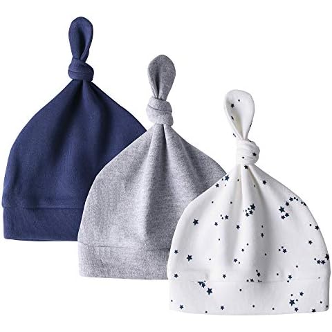 Owlivia Organic Newborn Knot Hats, Hospital Baby Beanies, Unisex Infant Caps, 3-Pack (0-3 Months, Navy/Dark Gray Melange/Blue Star) Cover