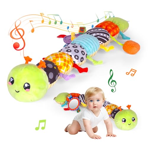 SRICH 2026 Soft Plush Caterpillar Baby Musical Toy for 0-12 Months Newborn Tummy Time Training Infant Sensory Stuffed Doll with Rattle Crinkle Paper & Mirror Unisex Baby Shower Gift for Boys Girls