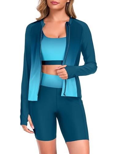 Women's 3 Piece Rash Guard Long Sleeve Swimsuits Bathing Suit with Shorts Zip Up UPF 50+ Swim Shirt with Built in Bra