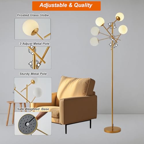 Image of Fiqevs 3 Globe Floor Lamp for Living Room, Swing Arms Standing Tree Lamp | 3000K Warm Light, 3 LED Bulbs Included, Adjustable Orb Glass Shade Mid Modern Lamp for Bedroom /Office, Antique Brass /Gold