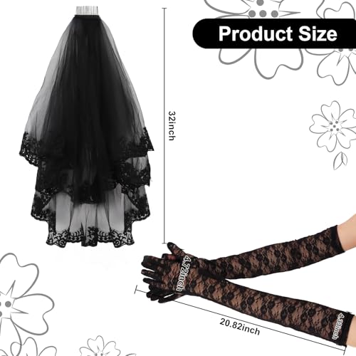 Semato Black Gloves and Black Veils for Women Bride Wedding Halloween Costume Party Accessories3