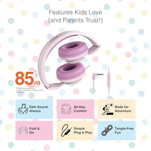 Image of FINGERS HappyHertz Wired Headphones for Kids (85 dB Volume Limit Safe Sound, Super-Soft Cushions, Foldable Design, Tangle-Free Cable, Perfect for Music, Learning & Fun) - Blush Pink