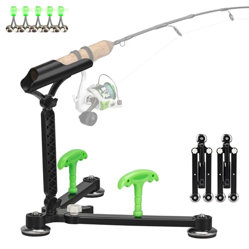 QualyQualy Ice Fishing Rod Holder, Adjustable Fishing Rod Stand for Ground, Ice Pole Holder Rod Rack with Fishing Bells and Anchor (Rod Holder 2 Pack)
