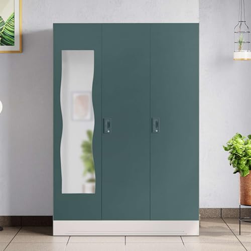 Image of Interio by Godrej Almirah Slimline 3-Door Steel Almirah, Cupboard for Clothes (Textured Sea Pine), 1-Year Warranty, 7 Shelves, 1 Locker, Curvilinear Mirror