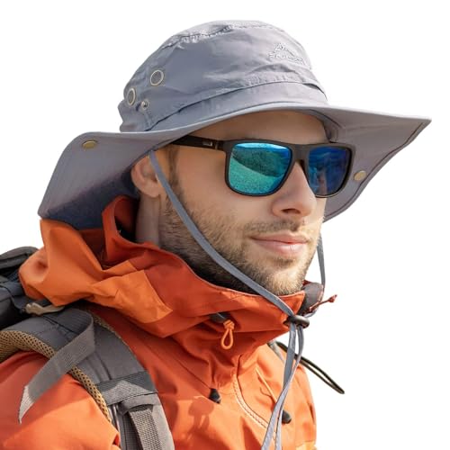 TOP-EX Großer Sonnenhut Herren L - XL, Breiter Krempe UV Safari Hüte für Sommer Outdoor Wandern Angeln Spazieren, Winddicht & Wasserdicht Grau 60-63cm