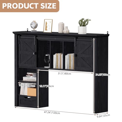 Image of Large Desktop Bookshelf with Sliding Barn Door, 47.2''W Desk Shelf Display Rack, Desktop Organizer Storage Rack with 7 Cubbies and Drawer, Home, Desk Shelf for Office, Dorm, Vanity, Black