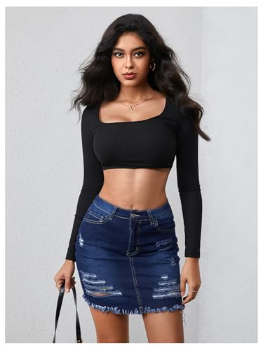 WDIRARA Women's Ripped Raw Hem Bodycon Denim Skirt High Waisted Mini Jean Skirts4