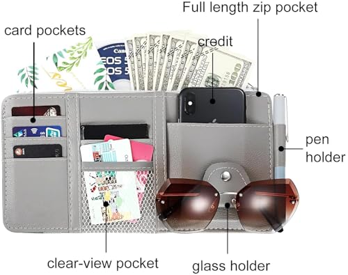 Image of Spirex Car Accessories Car Sun Visor Organizer, Sunglass Pen Card Small Document Storage Pouch Holder, PU Leather, Multi-Pocket with Zipper Net (multicolour)