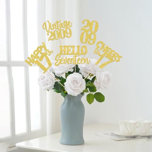 Image of 15 PCS 17th Birthday Centerpiece Sticks Seventeen Happy 17 Vintage 2009 Table Flower Centerpieces Sticks Cheers to 17 Fabulous Floral Decorations for 17th Birthday Party Supplies Gold