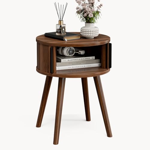 Image of ZttRiee Round Side Table with Sliding Doors, Mid-Century End Table, Walnut