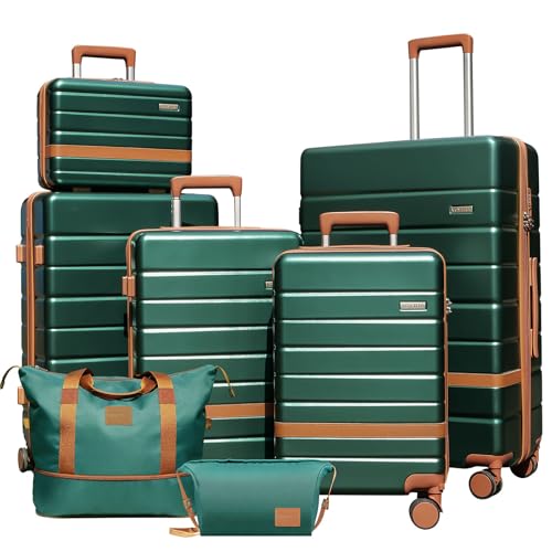 Image of 7 Piece Luggage Set for Family Travel, Lightweight Hardshell PC+ABS Suitcases set, Suitcase with 8 Smooth Spinner Wheels, TSA Lock, YKK Zippers(Green)