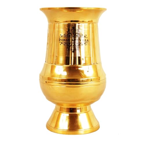 Image of INDIAN ART VILLA Brass Gold Vertical Lining Glass, Traditional Drinking Glass for Water, Lassi, Buttermilk & Milk, Elegant Serveware Tumbler for Home, Kitchen & Restaurant, 200 ML, Set of 6