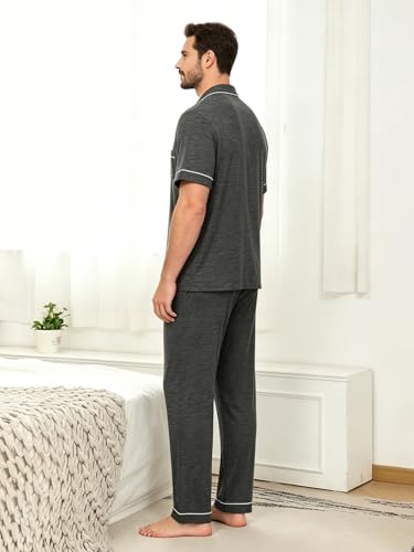 Image of Men's Short Sleeve Pajama Set, Soft Cotton Button Down Sleepwear Top & Long Pants, Loungewear PJs with Pockets S-XXXL