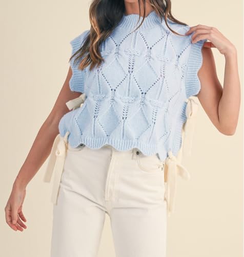 Image of Women Side Tie Sweater Vest Scallop Trim Mock Neck Knit Vest Bow Lace Up Ribbon Sweater Tank Top Knitwear
