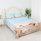 FUYEUN Beach Bed Sheets Set Full Beach Fitted Sheet Blue Coastal Nature Theme Pattern Teal Flat Sheet Girls Women Hawaiian Top Sheet Starfish Sheet Set,1 Flat Sheet 1 Fitted Sheet 2 Pillowcases