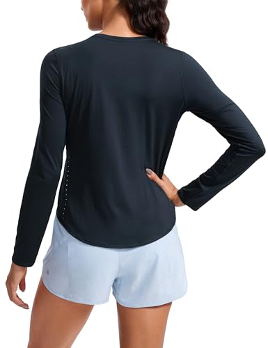 Crz Yoga Lightweight Long Sleeve Workout Shirts For Women Running Upf 50+ Sun T Shirt High Neck Athletic Gym Tee Tops True Navy Medium cover