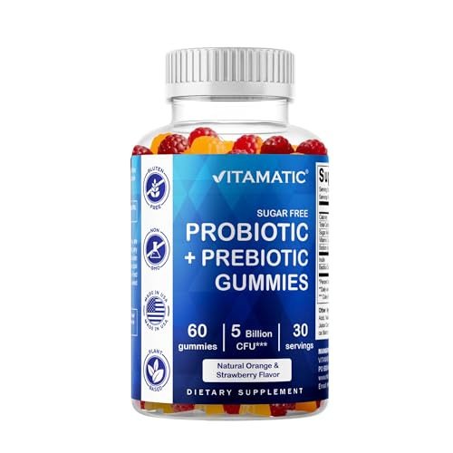 Vitamatic Probiotic + Prebiotic Gummies, 5 Billion CFU Digestive Support, Sugar Free Gut Health Supplement for Adults, Bacillus Coagulans with Inulin Fiber, 60 Gummies