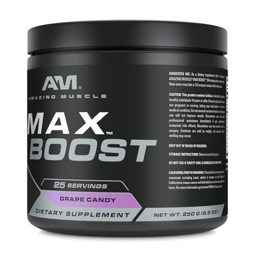 Image of Amazing Muscle Max Boost | 25 Servings | Intense Pre-Workout Supplement for Men & Women | Contains Creatine Monohydrate, Caffeine, Beta-Alanine, Betaine (25 Servings, Grape Candy)