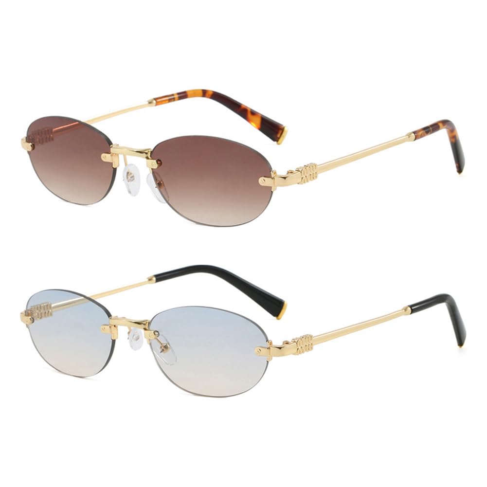 frissin Oval Rimless Sunglasses Womens UV400 Protection Gradient Lenses Gold Metal Temples Luxury Ladies Sun Glasses Minimalist Sunnies Outdoor Street Travel Party Holiday
