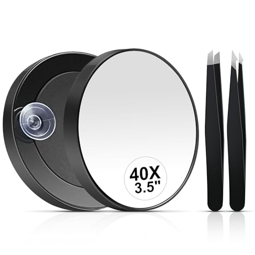 ZXNJA Miroir Grossissant 40x, Miroir Grossissant De Voyage, Rond Mural avec 2 Ventouses Et 2 Pince À Épiler pour Maquillage, Épilation, Elimination Points Noirs, Salle De Bain