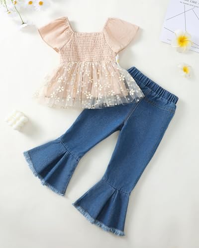 Image of XUANHAO Toddler Girls Clothes Puff Sleeve Smocked Shirt Flare Jeans Pant Outfits for Girl Bell Bottom Kids Girls Clothing Set