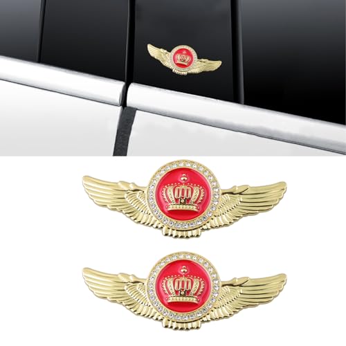 Image of 2PCS Wing Circular Crown Emblems,Crystal Diamond Crown Car Stickers Decals Decoration for All Car (Gold Red)