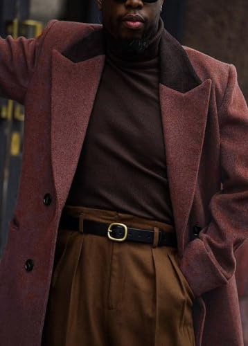 Image of Man's Double Breasted Full Length Trench Coat Casual Corduroy Collar Long Jacket Peacoat Wool Blend Winter