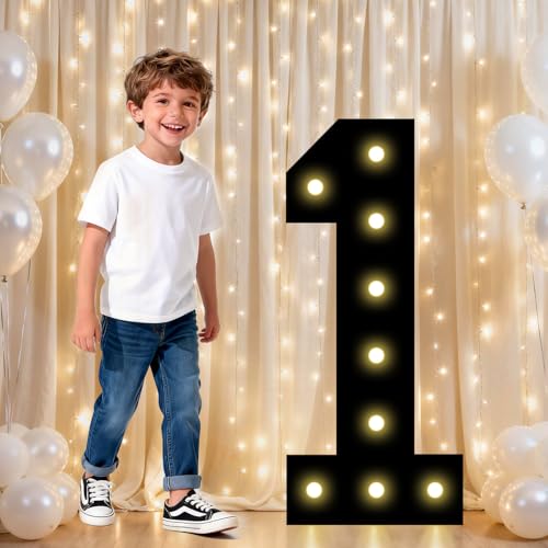 Image of Pooqla 1st Birthday Decorations for Boys, 2.4FT Light Up Numbers | Marquee Numbers Black Party Decorations, Large Lighted Number Gifts for Boys 1st 10th Anniversary Decoration Party Backdrop