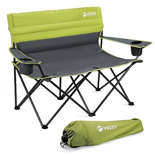 VILLEY Double Camping Chair, Extra Wide Loveseat, Heavy Duty Padded Camping Couch, Portable Folding Camp Chair w/Carry Bag, Steel Frame, Cup Holders f