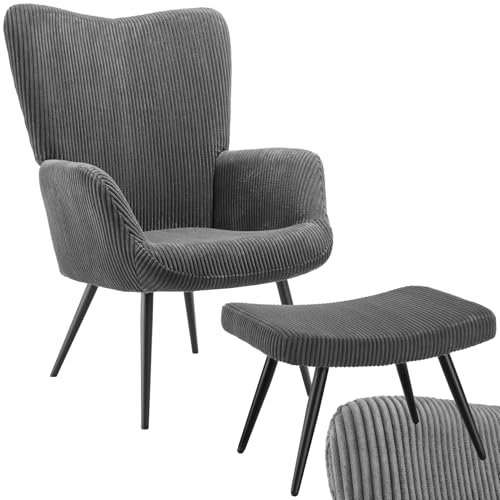 tectake® Skandinavischer Stil Ohrensessel, Sessel Hygge mit Hocker, Breitcordbezug, Sessel Wohnzimmer, Schlafzimmer, Esszimmerstuhl, Statement Loungesessel, belastbar bis 150 kg - anthrazit/schwarz