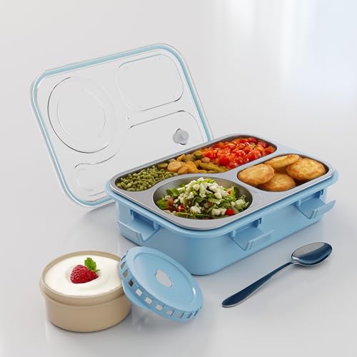 Image of 3-Compartment Stainless Steel Lunch Box, Leak-Proof & BPA-Free Bento Box, Eco-Friendly, Durable Meal Prep Container for Kids & Adults, Ideal for School, Office, College, Travel (Sky Blue)