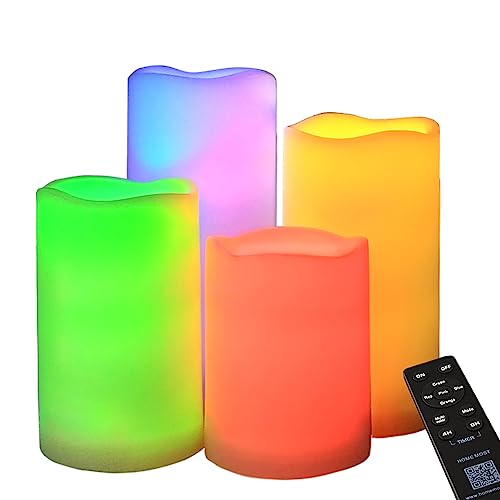HOME MOST Set of 4 Multicolor LED Pillar Candles Outdoor IP64 Waterproof 3x4 3x5 3x6 3x7 - Color Changing Pillar Candles Battery Powered - Unscented LED Candles Assorted Colors with Timer and Remote